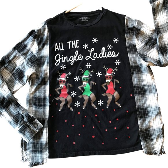 Flannel Tee Upcycle, Christmas Shirt: Size S-M, Holiday Graphics, Jingle Ladies - Picture 8 of 9